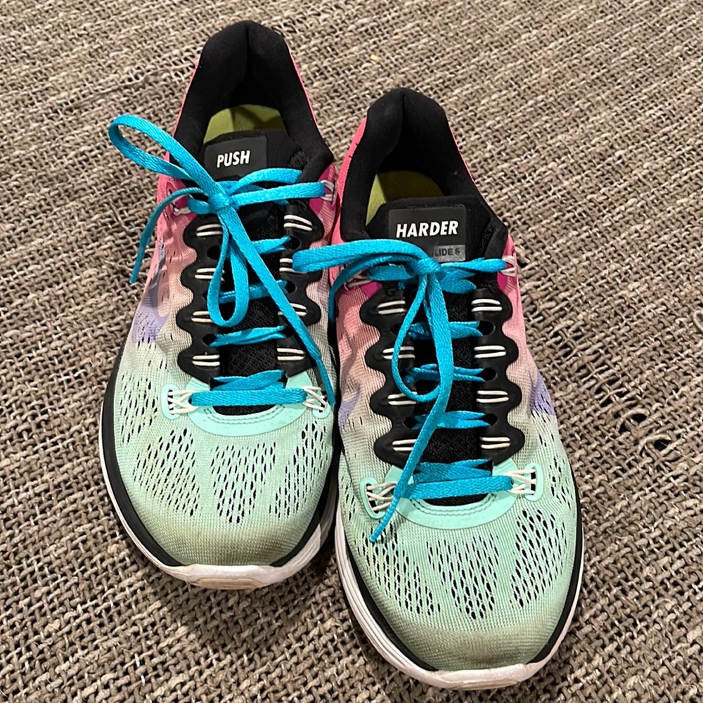 Nike Lunarglide 5. Customized with PUSH HARDER on the tongues. Size 7.5 Womens.